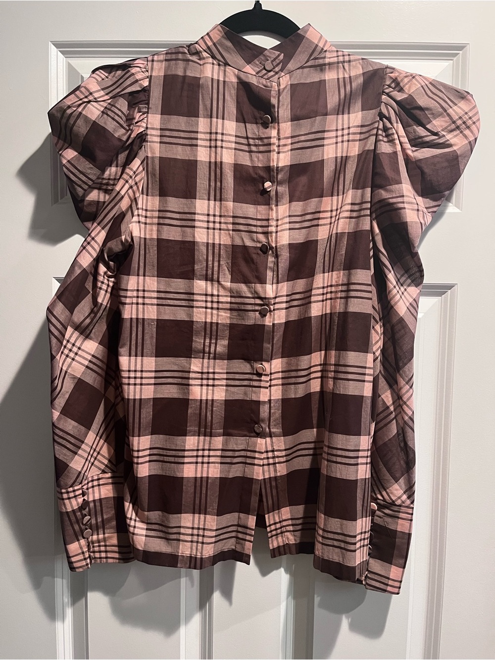 Silvia Tcherassi Pink and Burgundy Plaid Lace-Trim Puff Sleeve Blouse - Picture 6 of 8